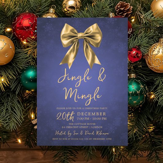 Gold Navy Jingle Mingle Christmas Party Bow Snow  Kaart
