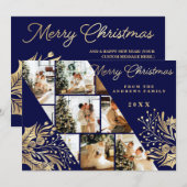 Gold Navy Merry KerstFloral Foto Collage Feestdagenkaart (Voorkant / Achterkant)