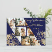 Gold Navy Merry KerstFloral Foto Collage Feestdagenkaart (Staand voorkant)