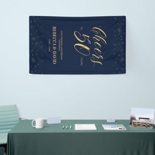 Gold & Navy Modern 50e bruiloft Jubileum Spandoek (Beurs)