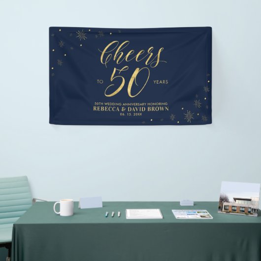 Gold & Navy Modern 50e bruiloft Jubileum Spandoek (Beurs)