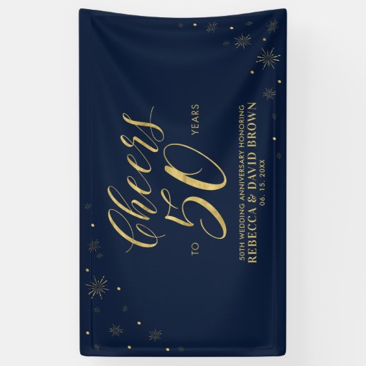 Gold & Navy Modern 50e bruiloft Jubileum Spandoek (Verticaal)