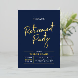 Gold & Navy Modern Brush Script Pensioen Partij Folie Uitnodiging