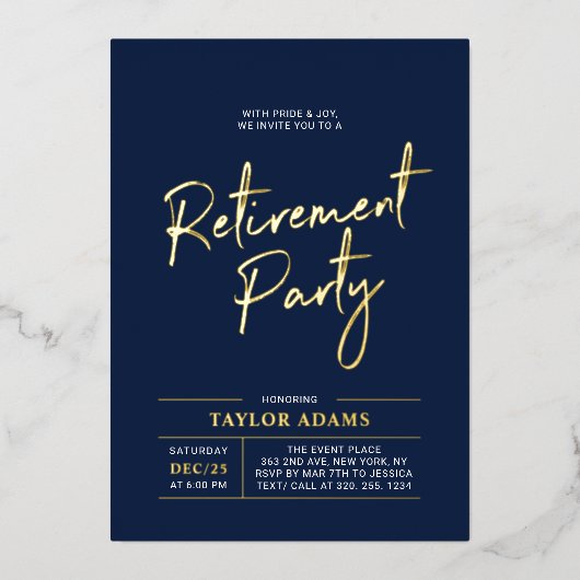 Gold & Navy Modern Brush Script Pensioen Partij Folie Uitnodiging (Voorkant)