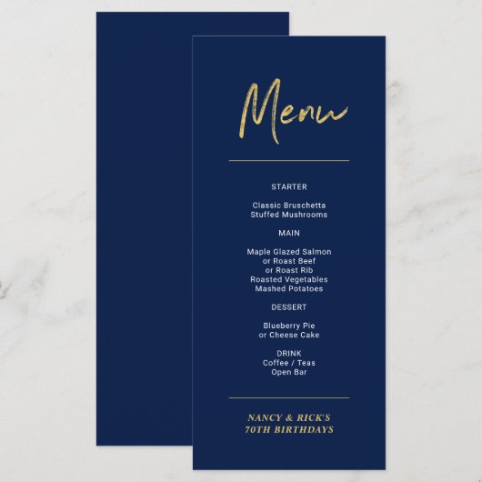 Gold & Navy Modern Lettering Birthday Party Menu (Voorkant / Achterkant)