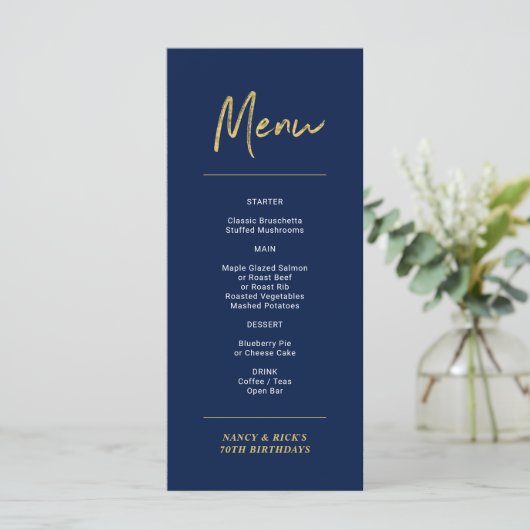 Gold & Navy Modern Lettering Birthday Party Menu (Staand voorkant)