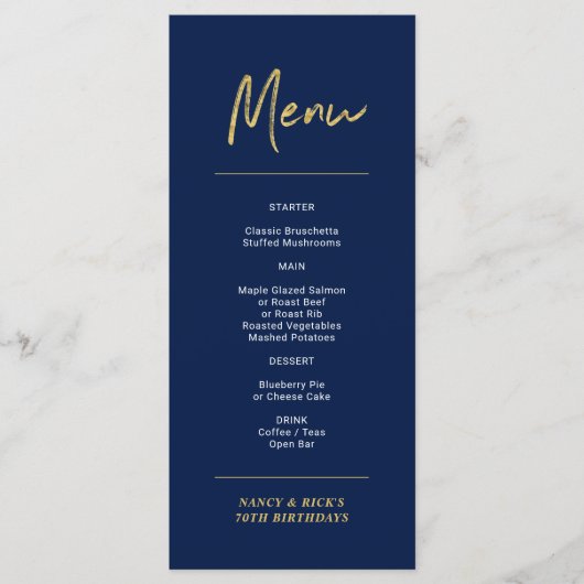 Gold & Navy Modern Lettering Birthday Party Menu (Voorkant)