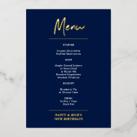 Gold & Navy Modern Lettering Birthday Party Menu