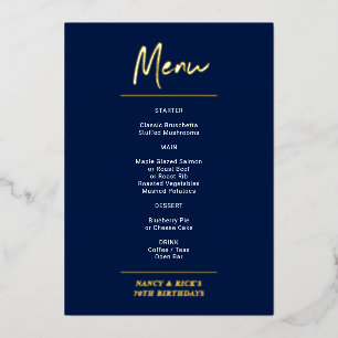 Gold & Navy Modern Lettering Birthday Party Menu Folie Uitnodiging
