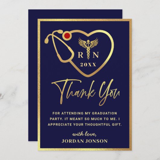Gold Navy Modern Nursing School Afstuderen Harteli Bedankkaart (Voorkant / Achterkant)