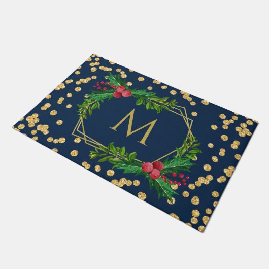 Gold Navy Monogram Merry kerst Holly Glitter Deurmat (Schuin)