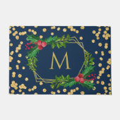 Gold Navy Monogram Merry kerst Holly Glitter Deurmat (Voorkant)