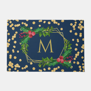 Gold Navy Monogram Merry kerst Holly Glitter Deurmat