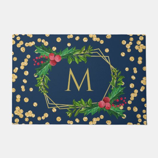 Gold Navy Monogram Merry kerst Holly Glitter Deurmat (Voorkant)