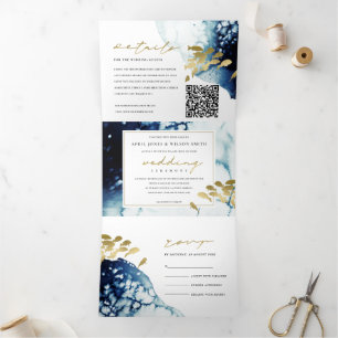 Gold Navy Onderwater Zee Fish Wedding QR Code Drieluik Uitnodiging