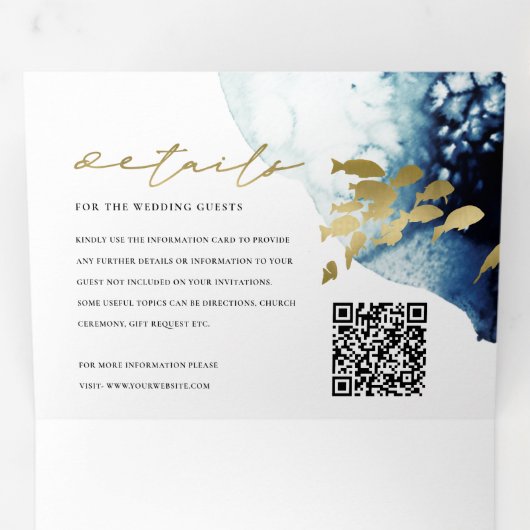 Gold Navy Onderwater Zee Fish Wedding QR Code Drieluik Uitnodiging (Binnenzijde eerst)