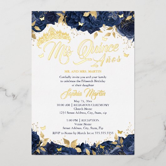 Gold Navy Roos Mis Quince Quinceanera Folie Uitnodiging (Voorkant)