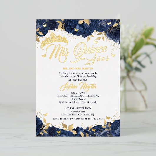 Gold Navy Roos Mis Quince Quinceanera Folie Uitnodiging (Staand Voorkant)