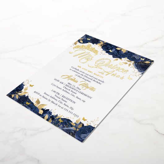 Gold Navy Roos Mis Quince Quinceanera Folie Uitnodiging (Gedraaid)