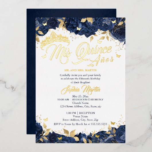 Gold Navy Roos Mis Quince Quinceanera Folie Uitnodiging (Voorkant / Achterkant)