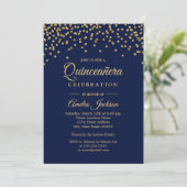 Gold Navy Sparkle Confetti Quinceanera Uitnodigen Kaart (Staand voorkant)