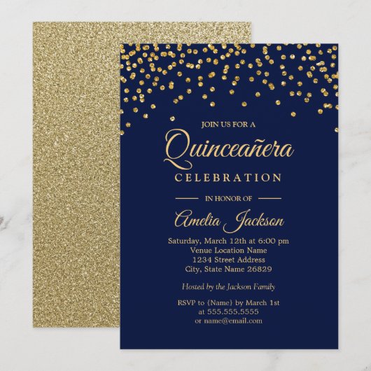 Gold Navy Sparkle Confetti Quinceanera Uitnodigen Kaart (Voorkant / Achterkant)