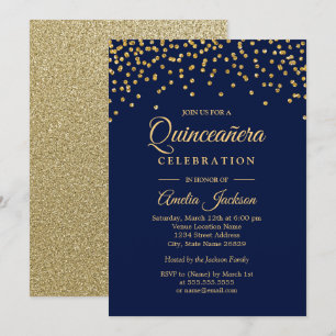 Gold Navy Sparkle Confetti Quinceanera Uitnodigen Kaart