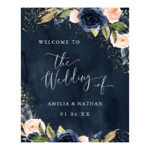 Gold Navy Sparkle Floral Welcome Wedding