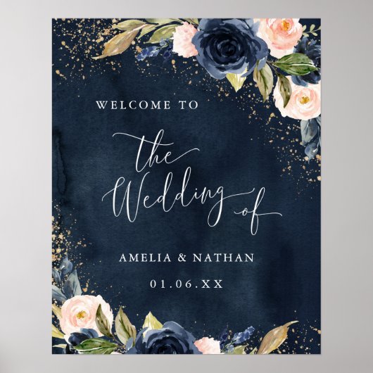 Gold Navy Sparkle Floral Welcome Wedding Poster (Voorkant)