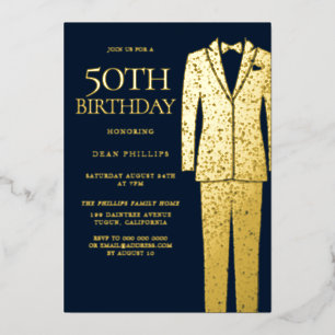 Gold & Navy Suit & Stropdas 50th Birthday Party Folie Uitnodiging