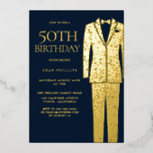Gold & Navy Suit & Stropdas 50th Birthday Party Folie Uitnodiging (Voorkant)