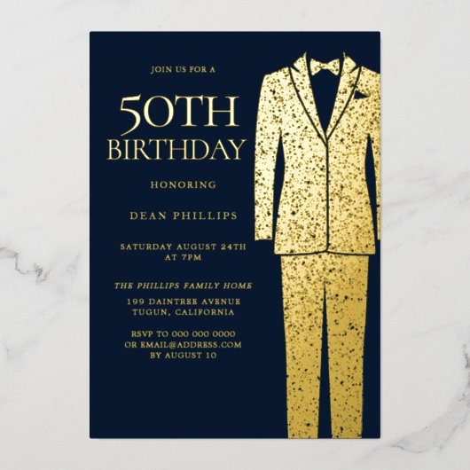 Gold & Navy Suit & Stropdas 50th Birthday Party Folie Uitnodiging (Voorkant)