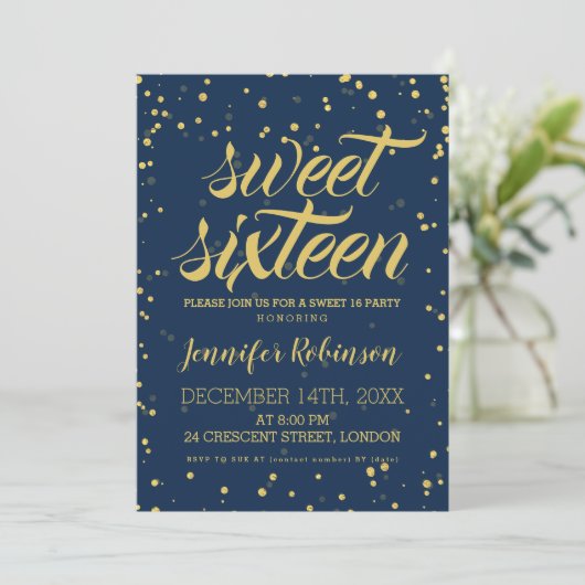 Gold Navy Sweet 16 Glitter Sparkle Confetti Kaart (Staand voorkant)