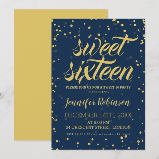 Gold Navy Sweet 16 Glitter Sparkle Confetti Kaart (Voorkant / Achterkant)