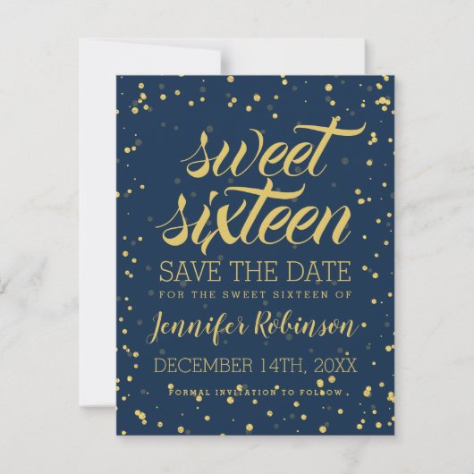 Gold Navy Sweet 16 Save Date Glitter Confetti Save The Date (Voorkant)