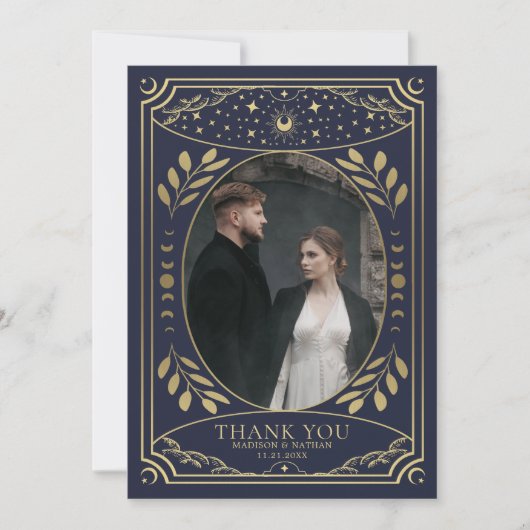 Gold Navy  Tarot Gothic Wedding Bedankkaart (Voorkant)