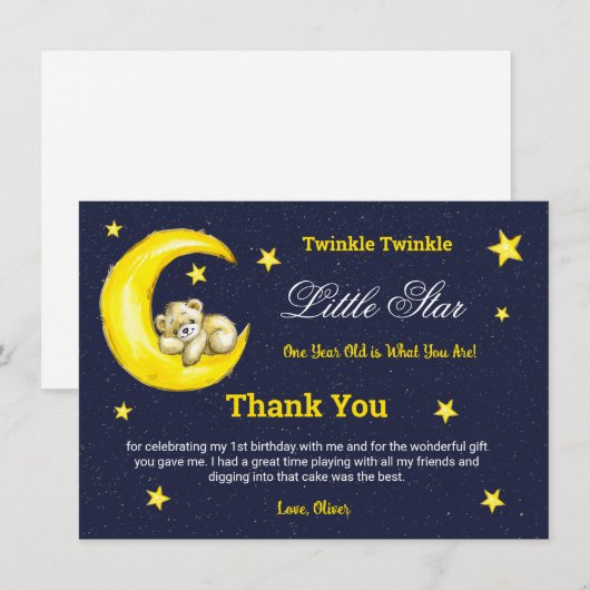 Gold Navy Twinkle Little Star 1e verjaardag Bedankkaart (Voorkant / Achterkant)