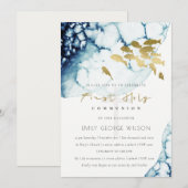 GOLD NAVY UNDERWATER FISH HOLY COMMUNION INVITE BEDANKKAART (Voorkant / Achterkant)
