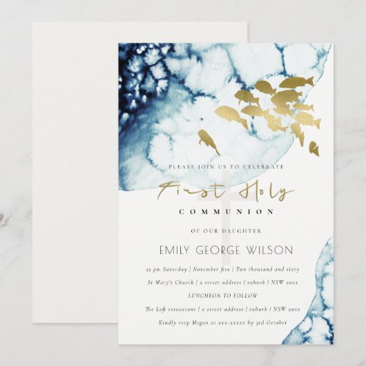 GOLD NAVY UNDERWATER FISH HOLY COMMUNION INVITE BEDANKKAART (Voorkant / Achterkant)