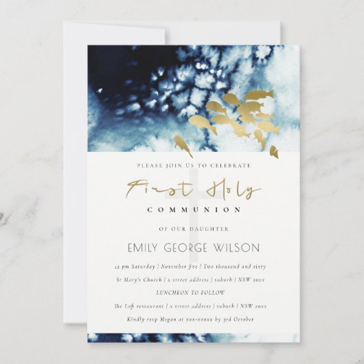 GOLD NAVY UNDERWATER FISH HOLY COMMUNION INVITE BEDANKKAART (Voorkant)