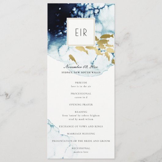GOLD NAVY UNDERWATER FISH WEDDING CEREMONY PROGRAM MENU (Voorkant)