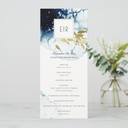 GOLD NAVY UNDERWATER FISH WEDDING CEREMONY PROGRAM MENU (Staand voorkant)