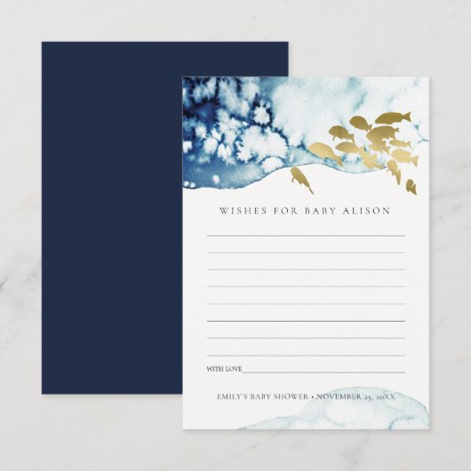GOLD NAVY UNDERWATER FISH WISHES FOR BABY SHOWER INFORMATIEKAARTJE (Voorkant / Achterkant)