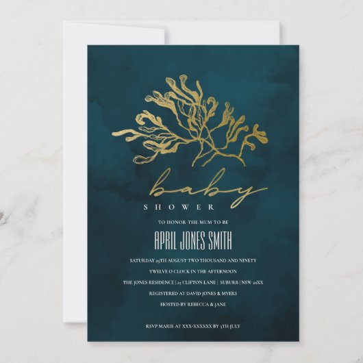 GOLD NAVY UNDERWATER SEAWEED BABY SHOWER INVITE BEDANKKAART (Voorkant)