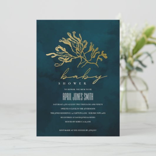 GOLD NAVY UNDERWATER SEAWEED BABY SHOWER INVITE BEDANKKAART (Staand voorkant)
