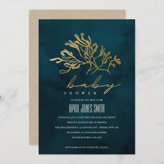 GOLD NAVY UNDERWATER SEAWEED BABY SHOWER INVITE BEDANKKAART (Voorkant / Achterkant)