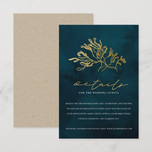 GOLD NAVY UNDERWATER SEAWEED WEDDING DETAILS INFORMATIEKAARTJE (Voorkant / Achterkant)
