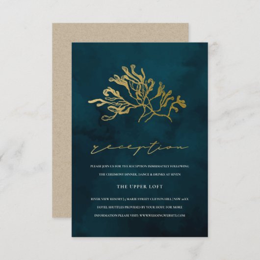 GOLD NAVY UNDERWATER SEAWEED WEDDING RECEPT INFORMATIEKAARTJE (Voorkant / Achterkant)