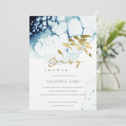 GOLD NAVY UNDERWATER ZEE FISH BABY SHOWER INVITE BEDANKKAART (Staand voorkant)