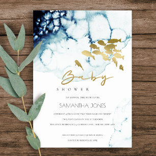 GOLD NAVY UNDERWATER ZEE FISH BABY SHOWER INVITE BEDANKKAART